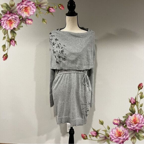 Victoria's Secret Sweater Dress Medium Long Sleeve Knee Sheath Cowl Stone - Picture 1 of 11